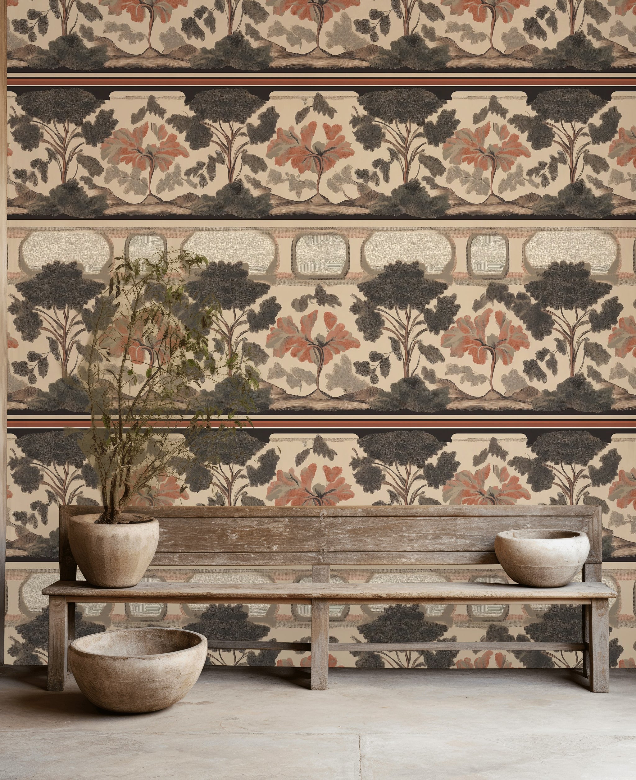 Warm Beige Vintage Tree Pattern Wallpaper