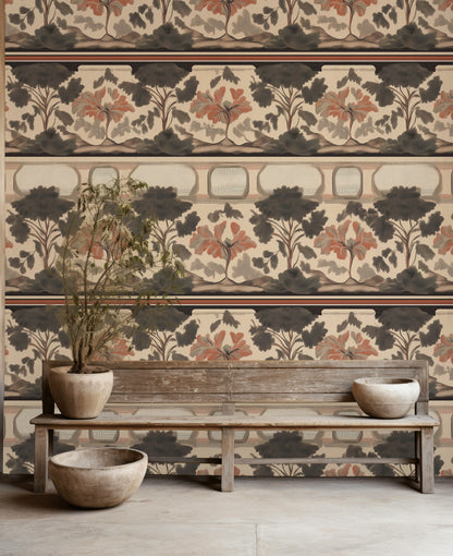 Warm Beige Vintage Tree Pattern Wallpaper