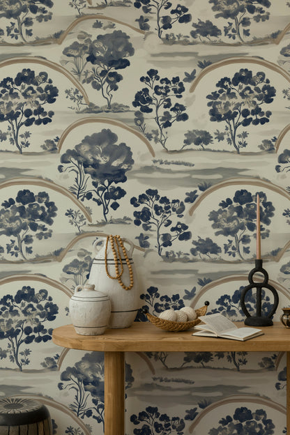 Cream and Navy Chinoiserie Landscape Wallpaper