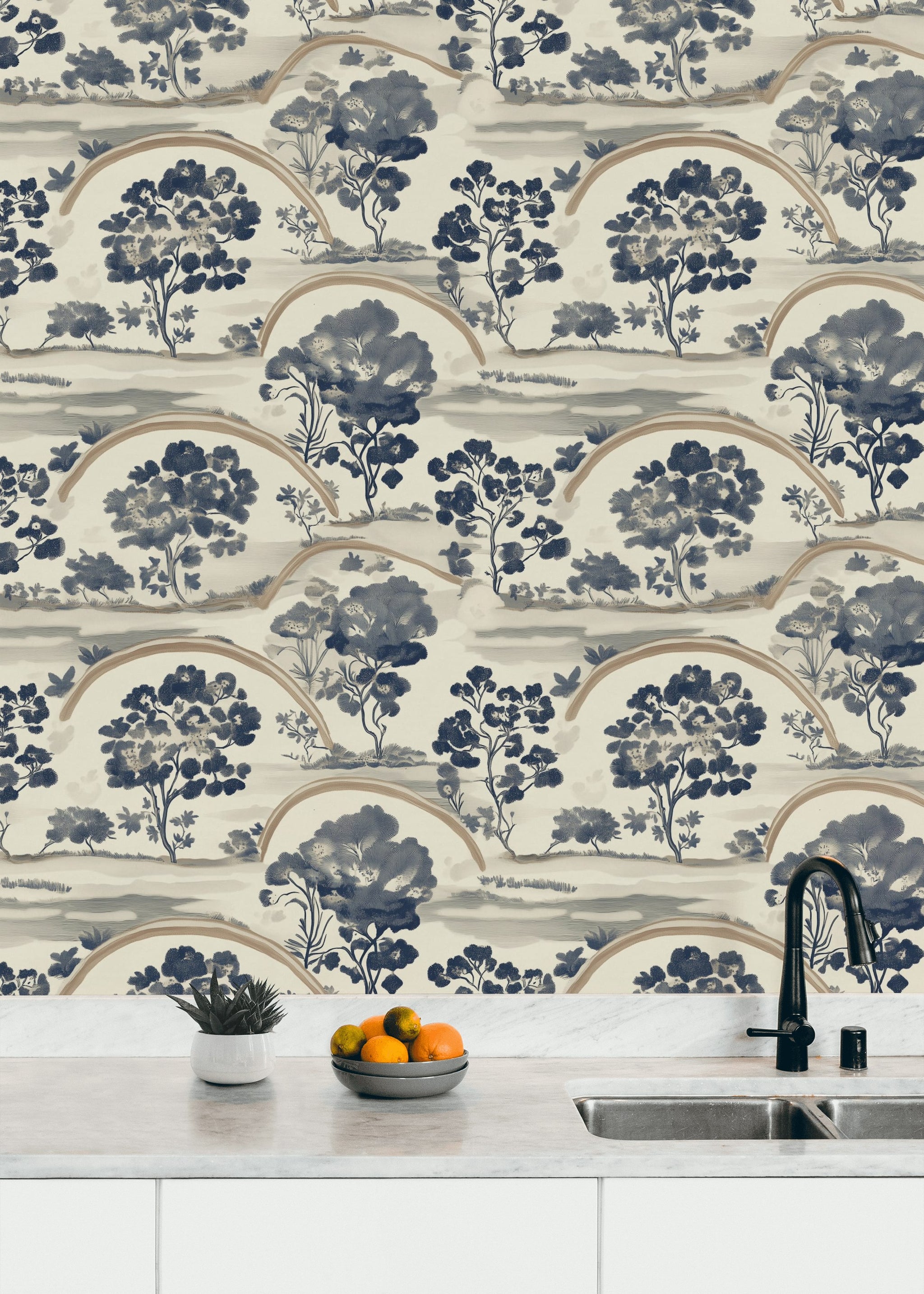 Cream and Navy Chinoiserie Landscape Wallpaper