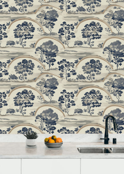 Cream and Navy Chinoiserie Landscape Wallpaper