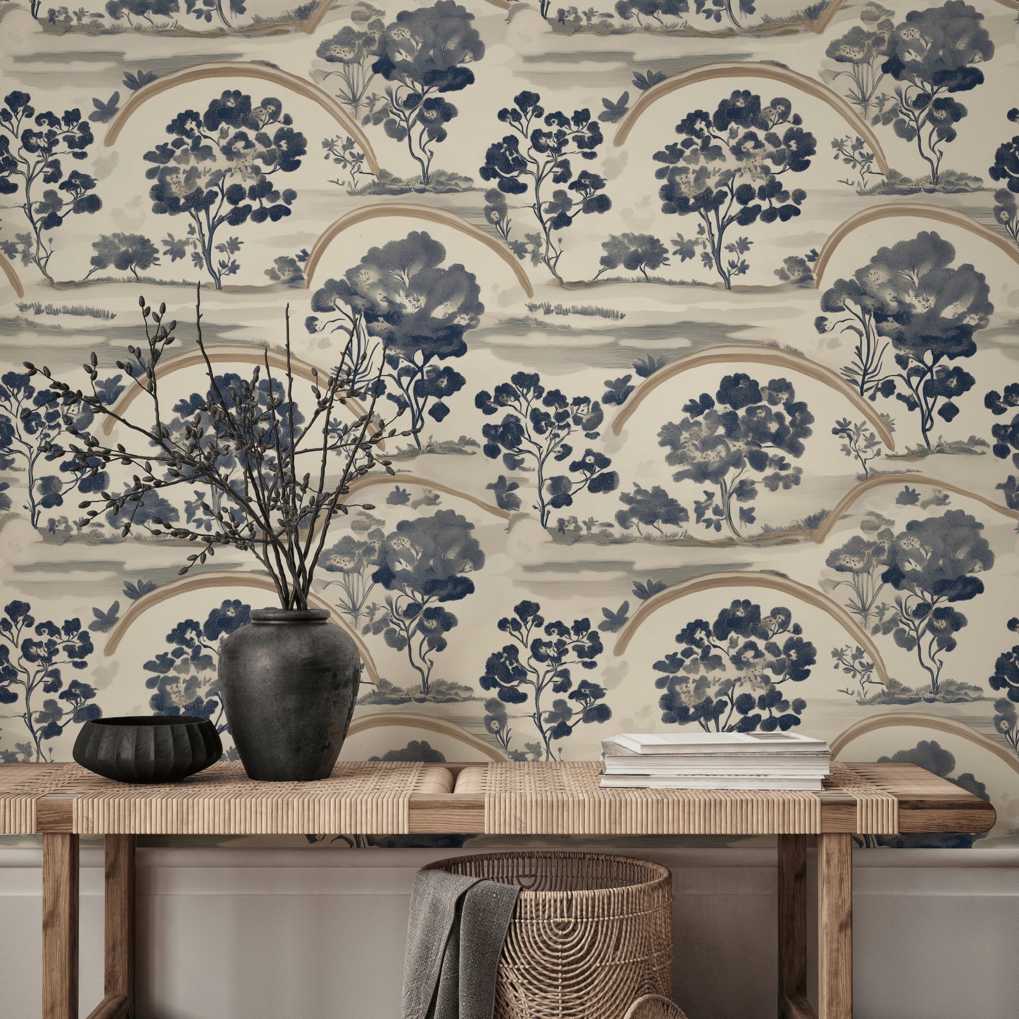 Cream and Navy Chinoiserie Landscape Wallpaper