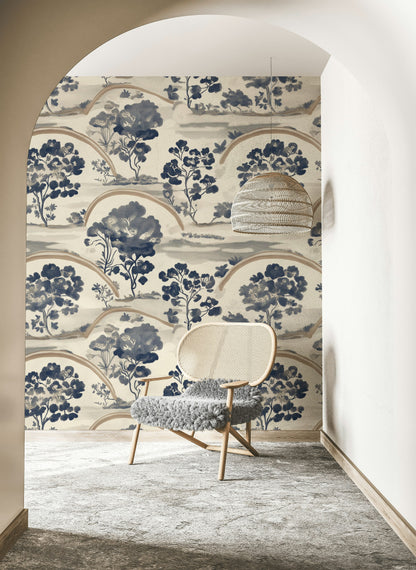 Cream and Navy Chinoiserie Landscape Wallpaper