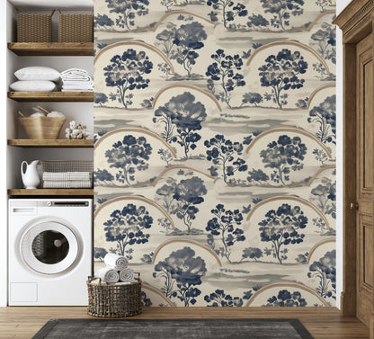 Cream and Navy Chinoiserie Landscape Wallpaper