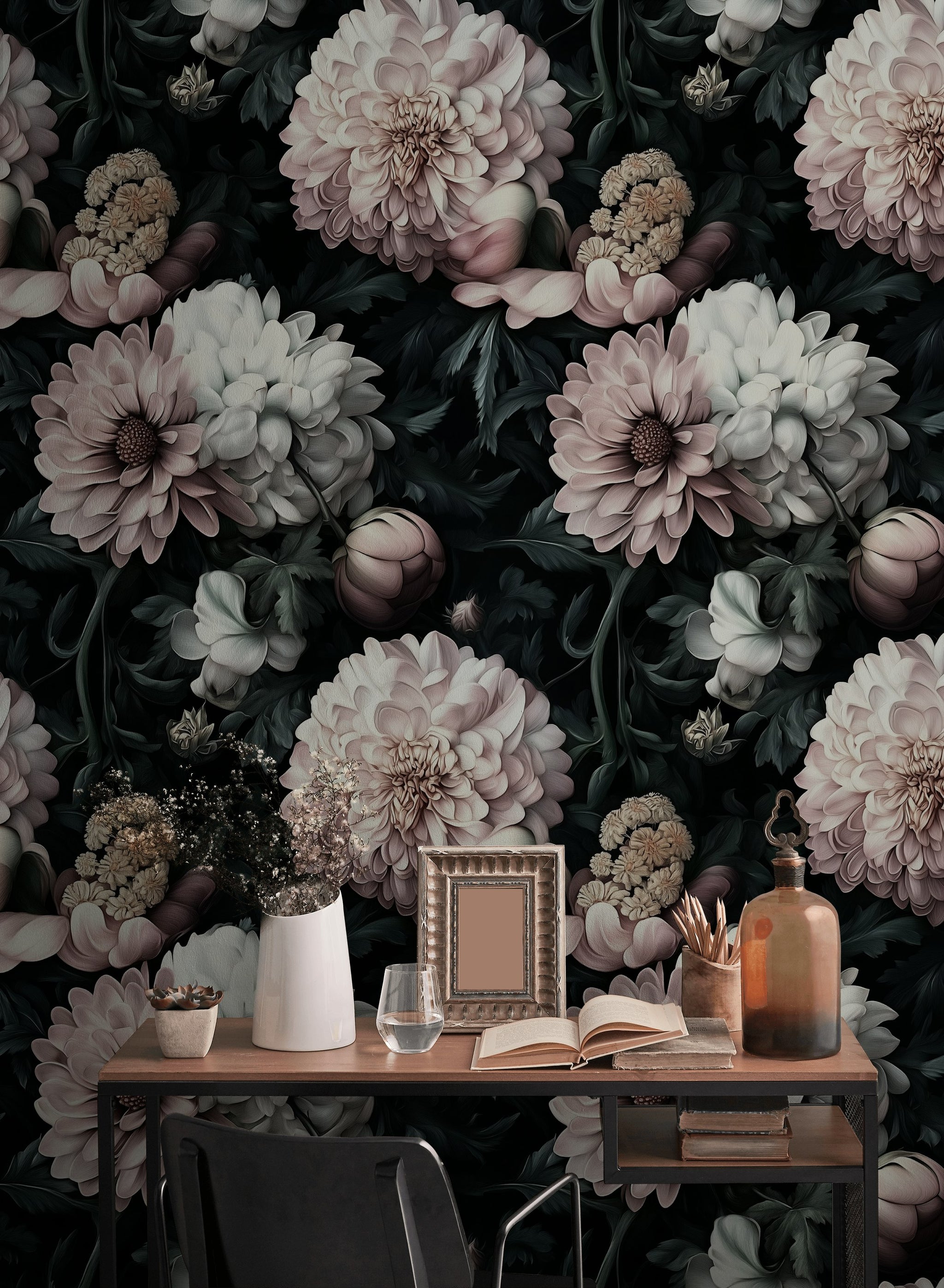 Blush Pink Large Floral on Black Background Wallpaper