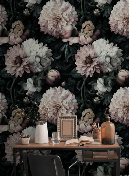 Blush Pink Large Floral on Black Background Wallpaper