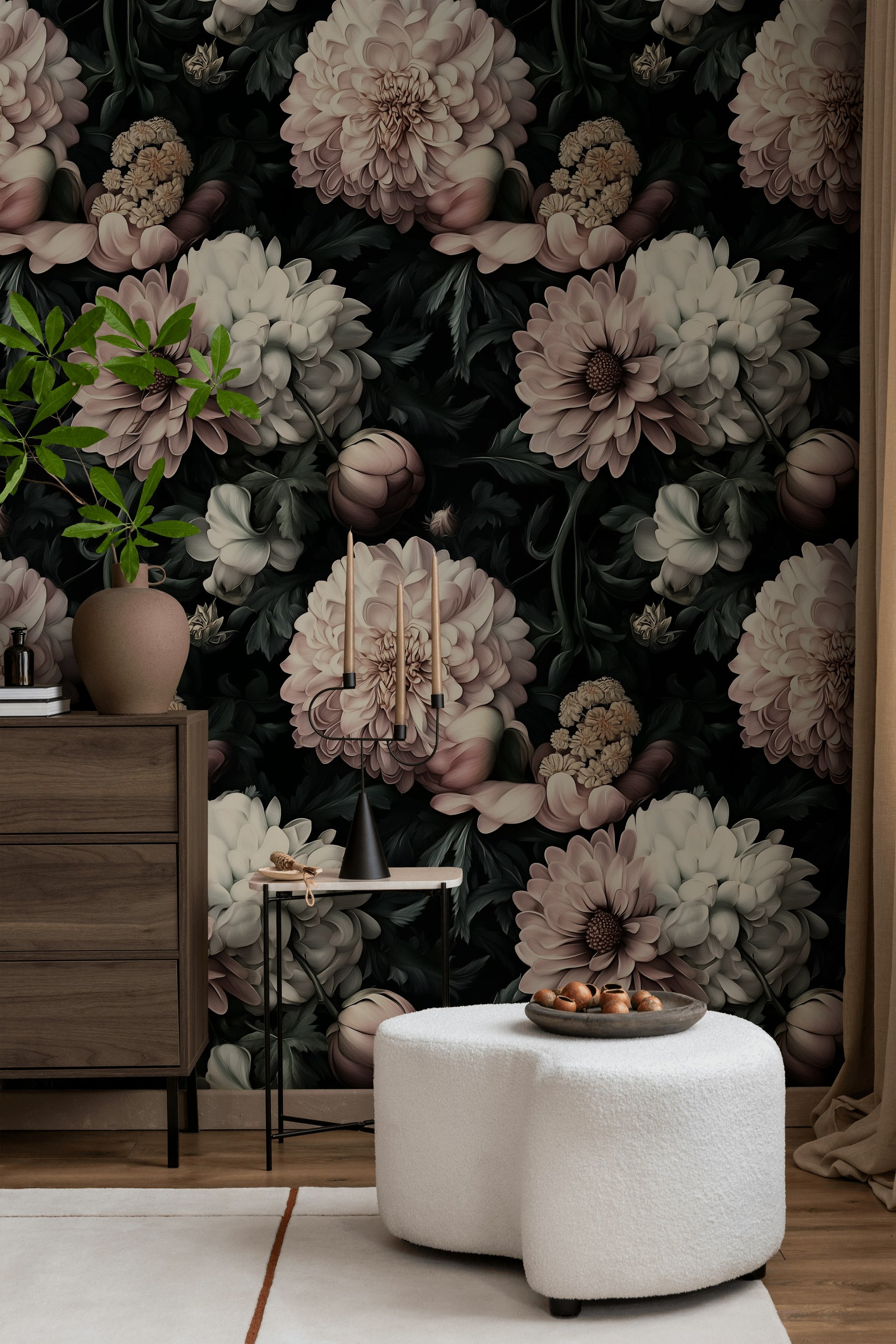 Blush Pink Large Floral on Black Background Wallpaper