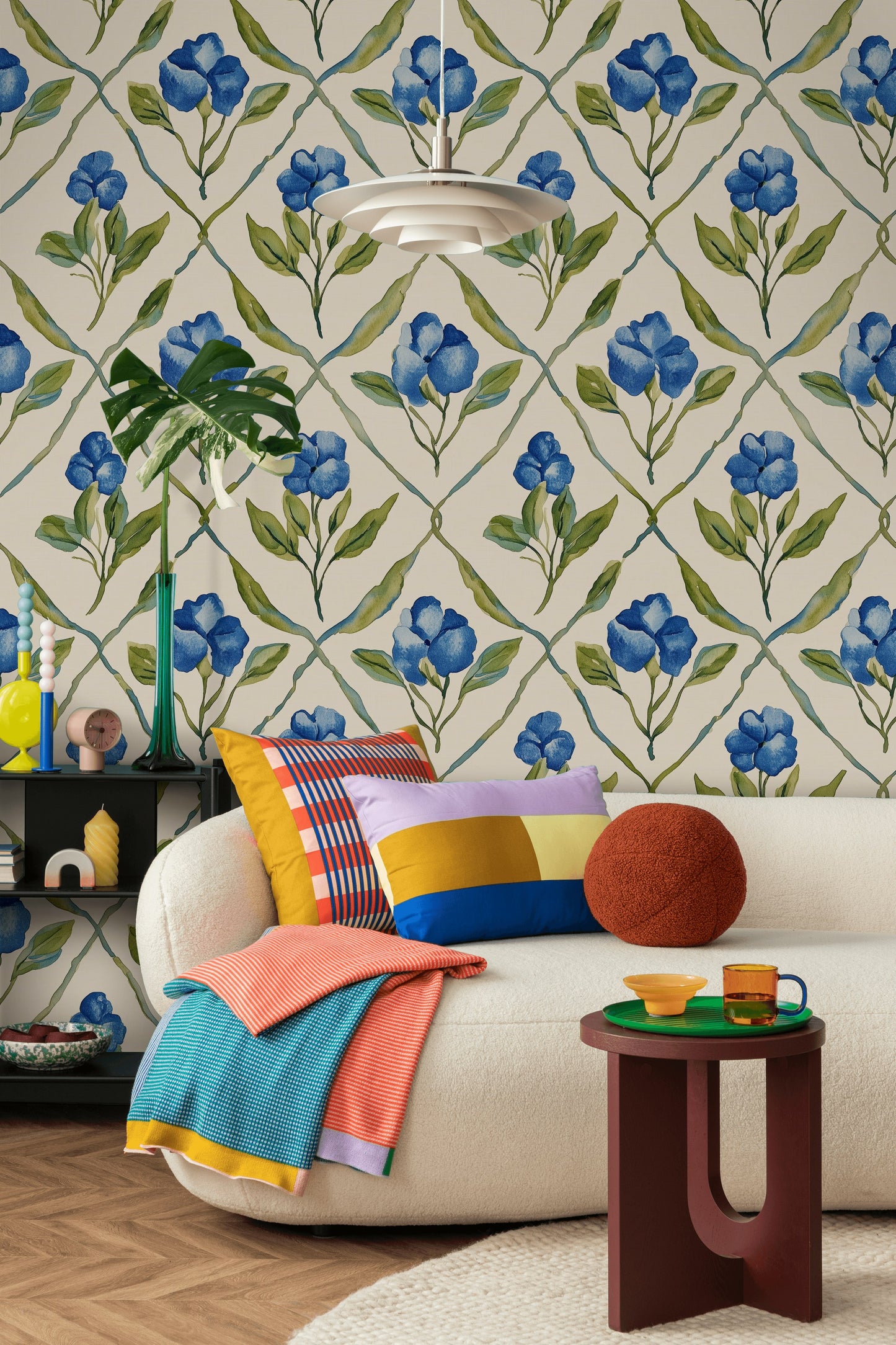 Blue Trellis Floral Wallpaper Vibrant Blooms Fresh Interiors