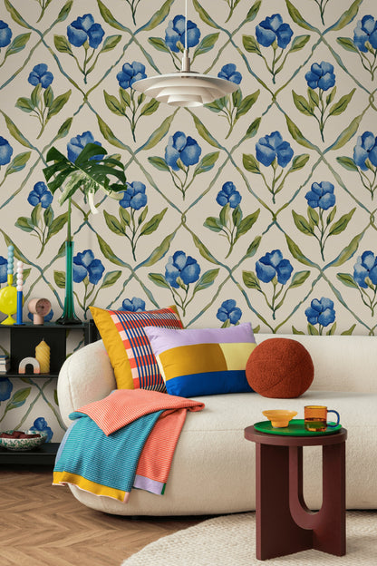 Bright Blue Floral Diamond Pattern Wallpaper