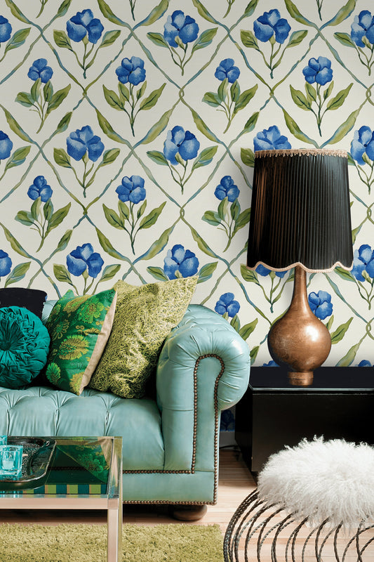 Blue Trellis Floral Wallpaper Vibrant Blooms Fresh Interiors