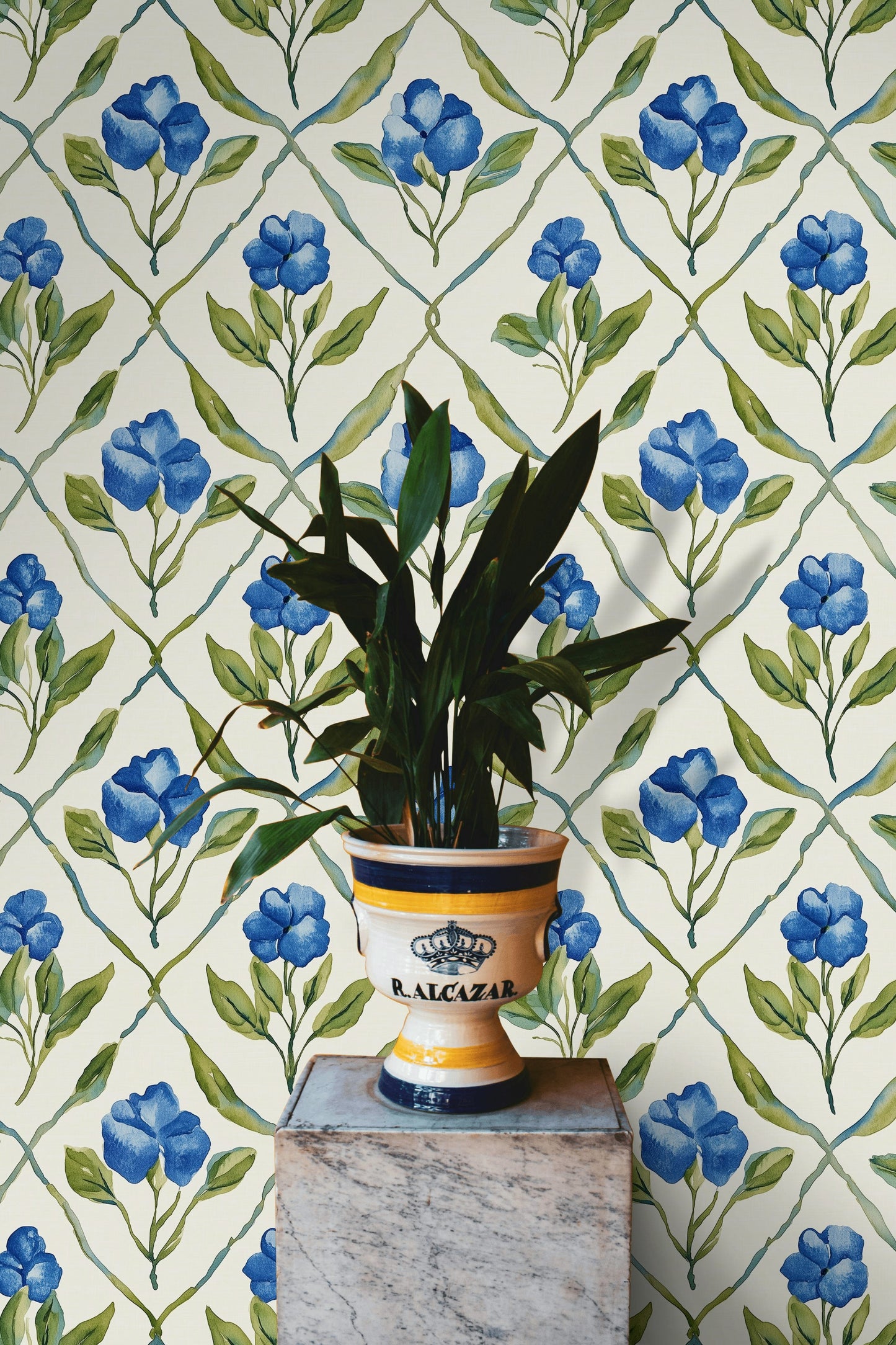 Blue Trellis Floral Wallpaper Vibrant Blooms Fresh Interiors
