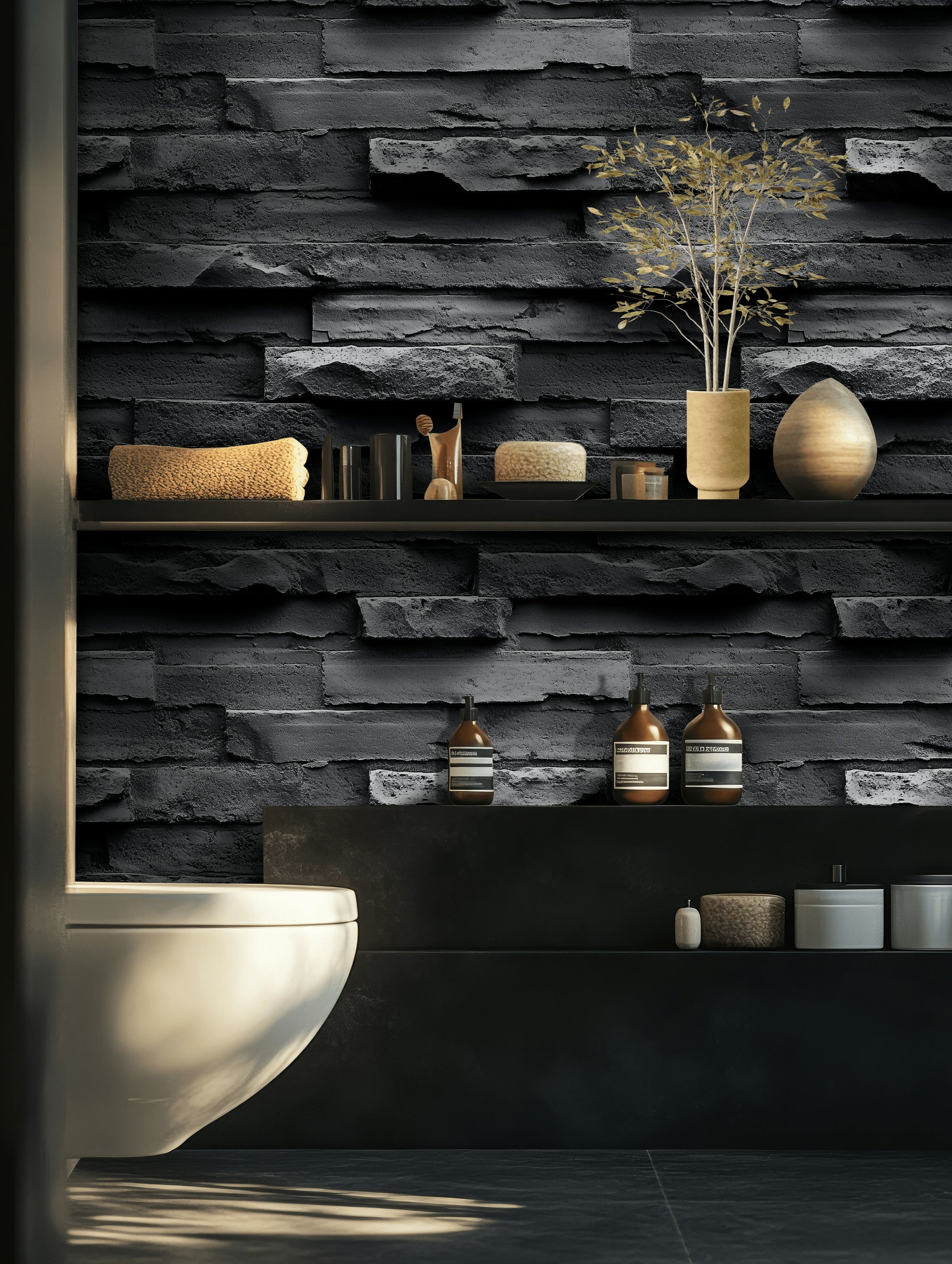 Deep Charcoal 3D Brick Texture Wallpaper