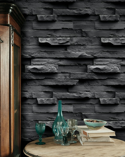 Deep Charcoal 3D Brick Texture Wallpaper