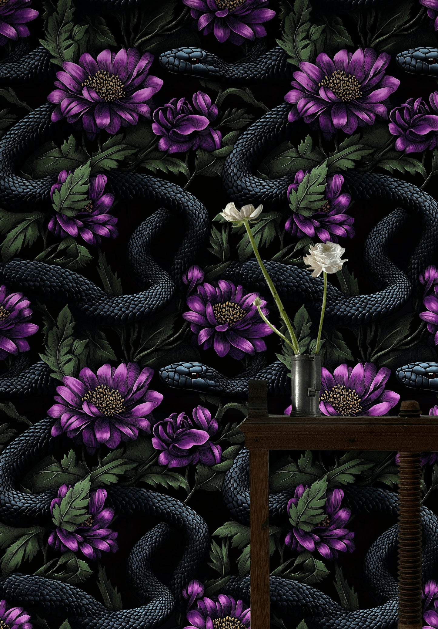 Dark Snake and Floral Wallpaper Bold and Mysterious Design