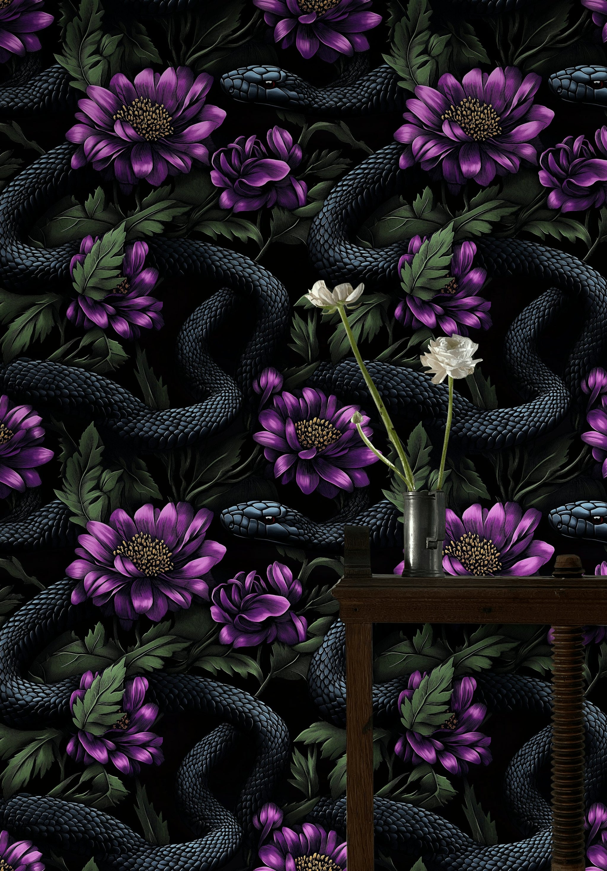 Dark Black and Purple Snake Floral Wallpaper