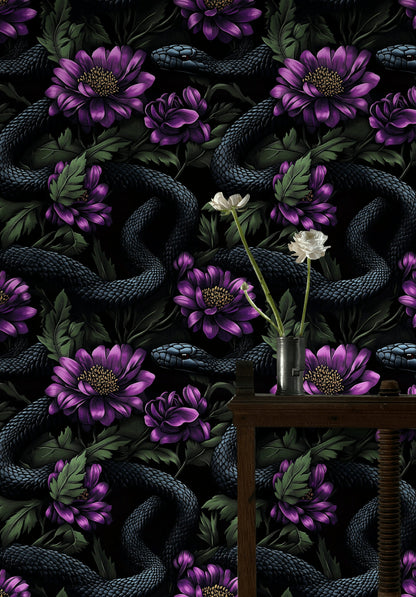 Dark Black and Purple Snake Floral Wallpaper