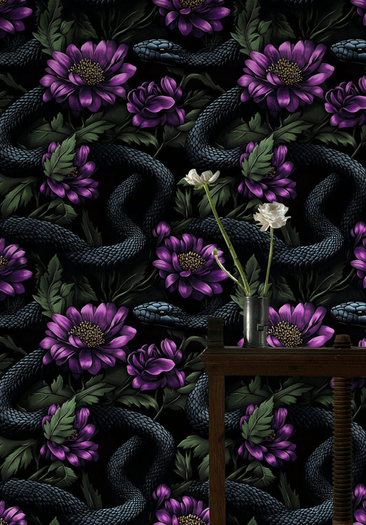 Dark Snake and Floral Wallpaper Bold and Mysterious Design