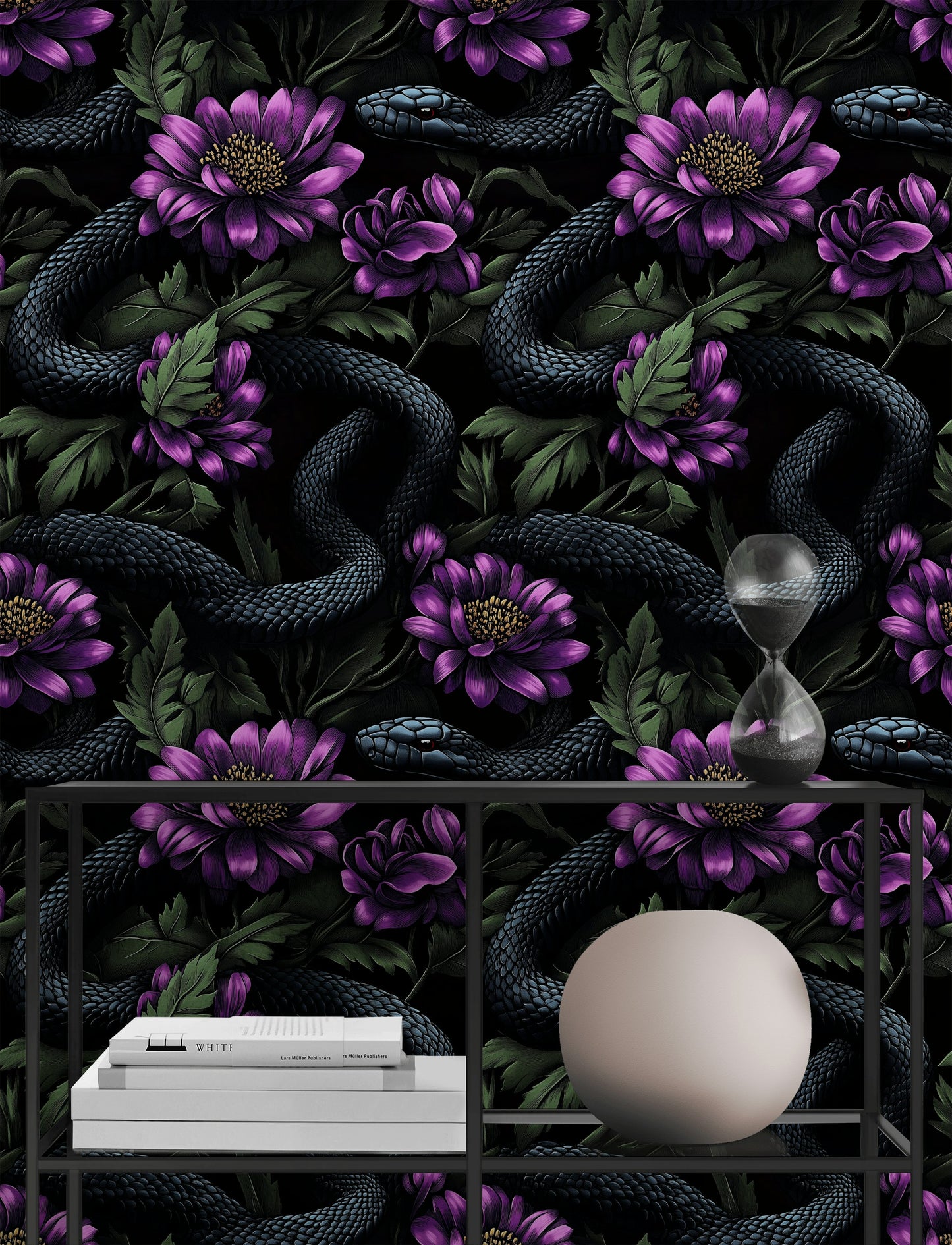 Dark Snake and Floral Wallpaper Bold and Mysterious Design