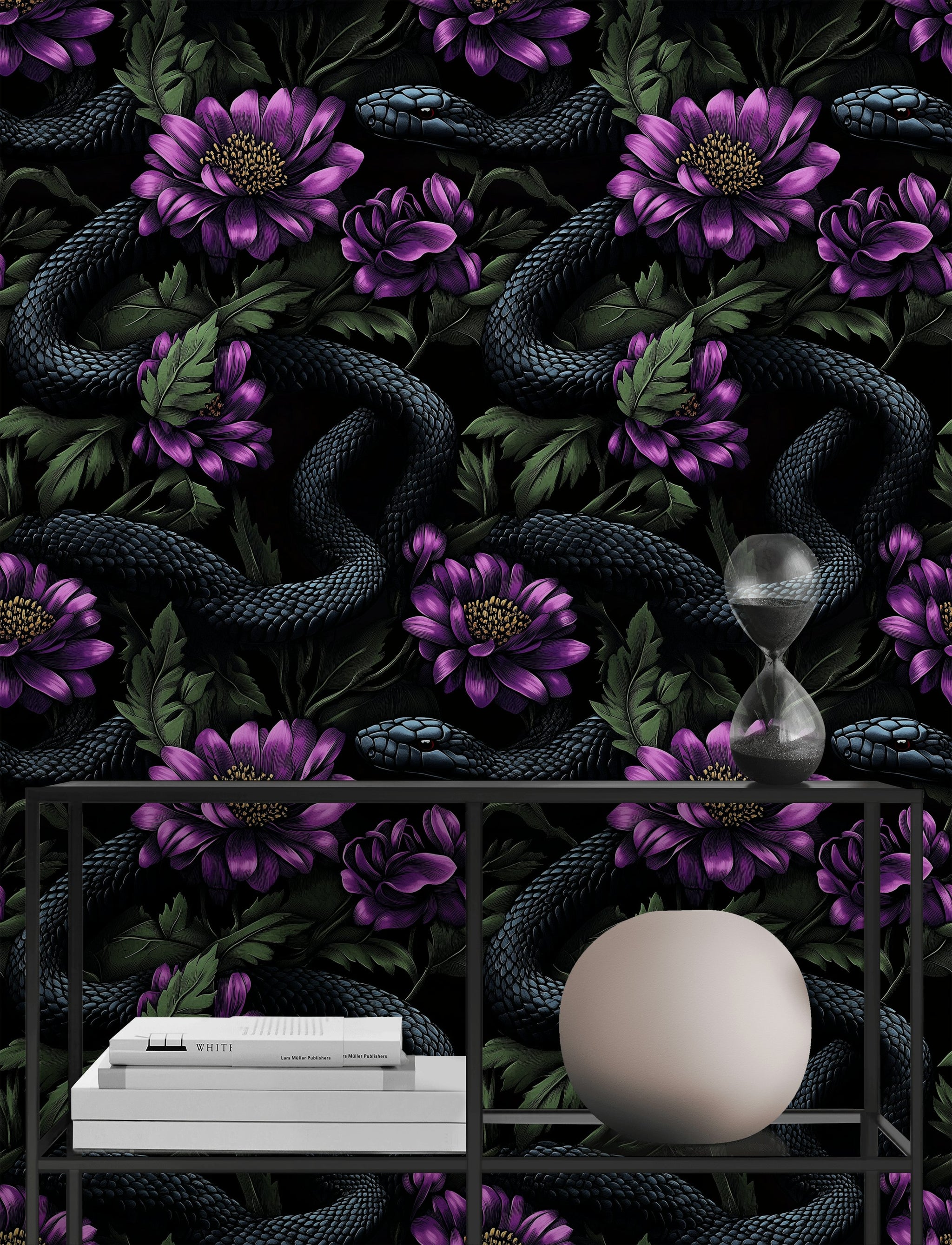 Dark Black and Purple Snake Floral Wallpaper