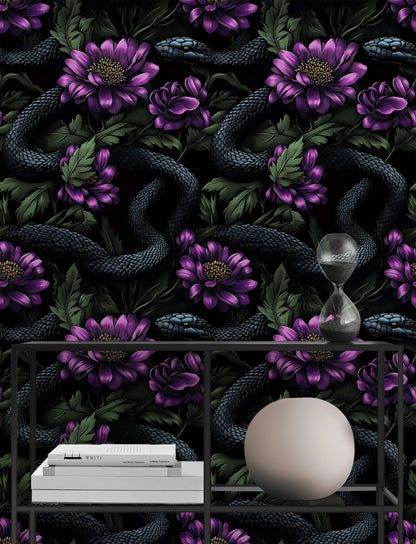 Dark Black and Purple Snake Floral Wallpaper