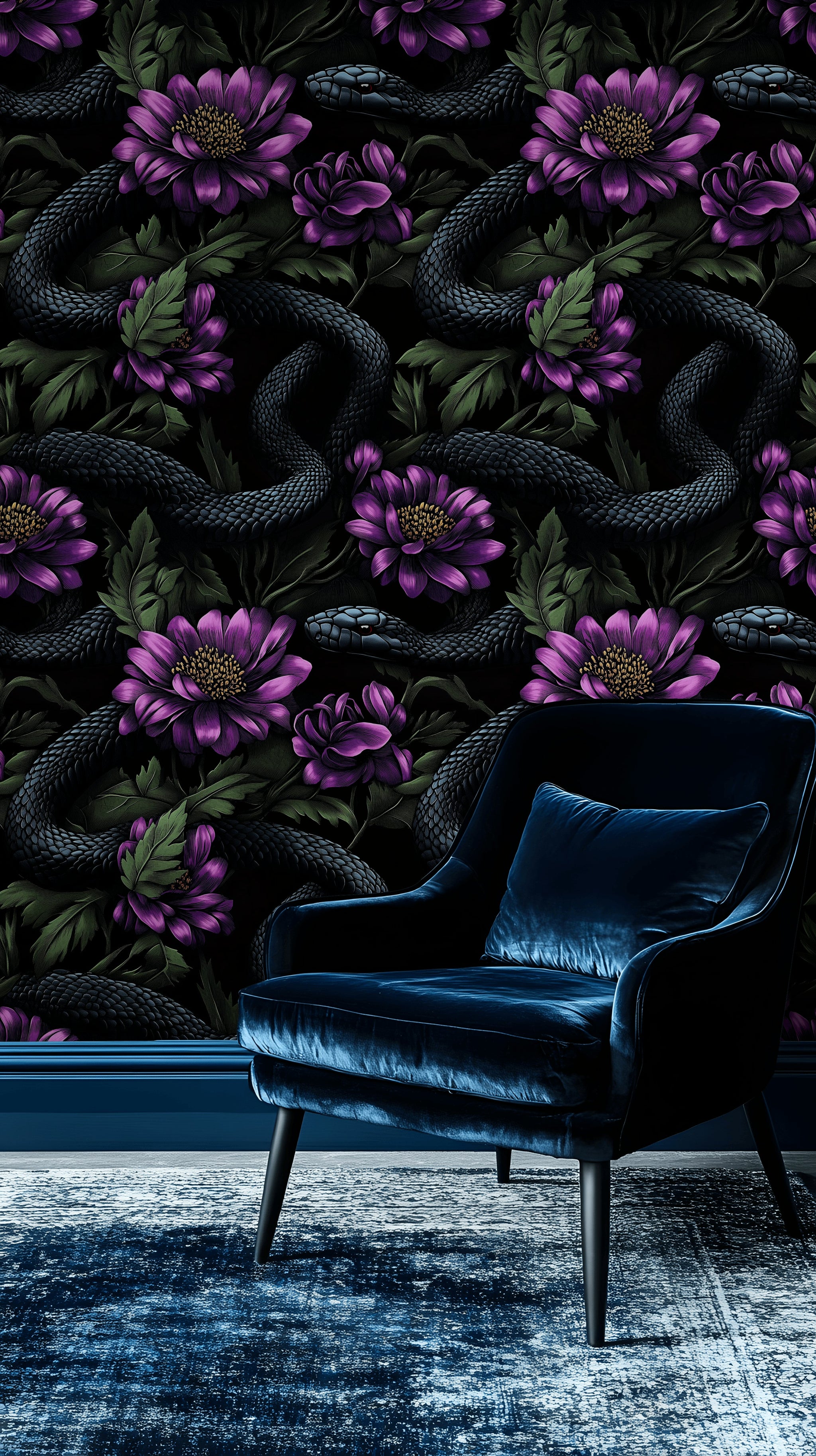Dark Black and Purple Snake Floral Wallpaper