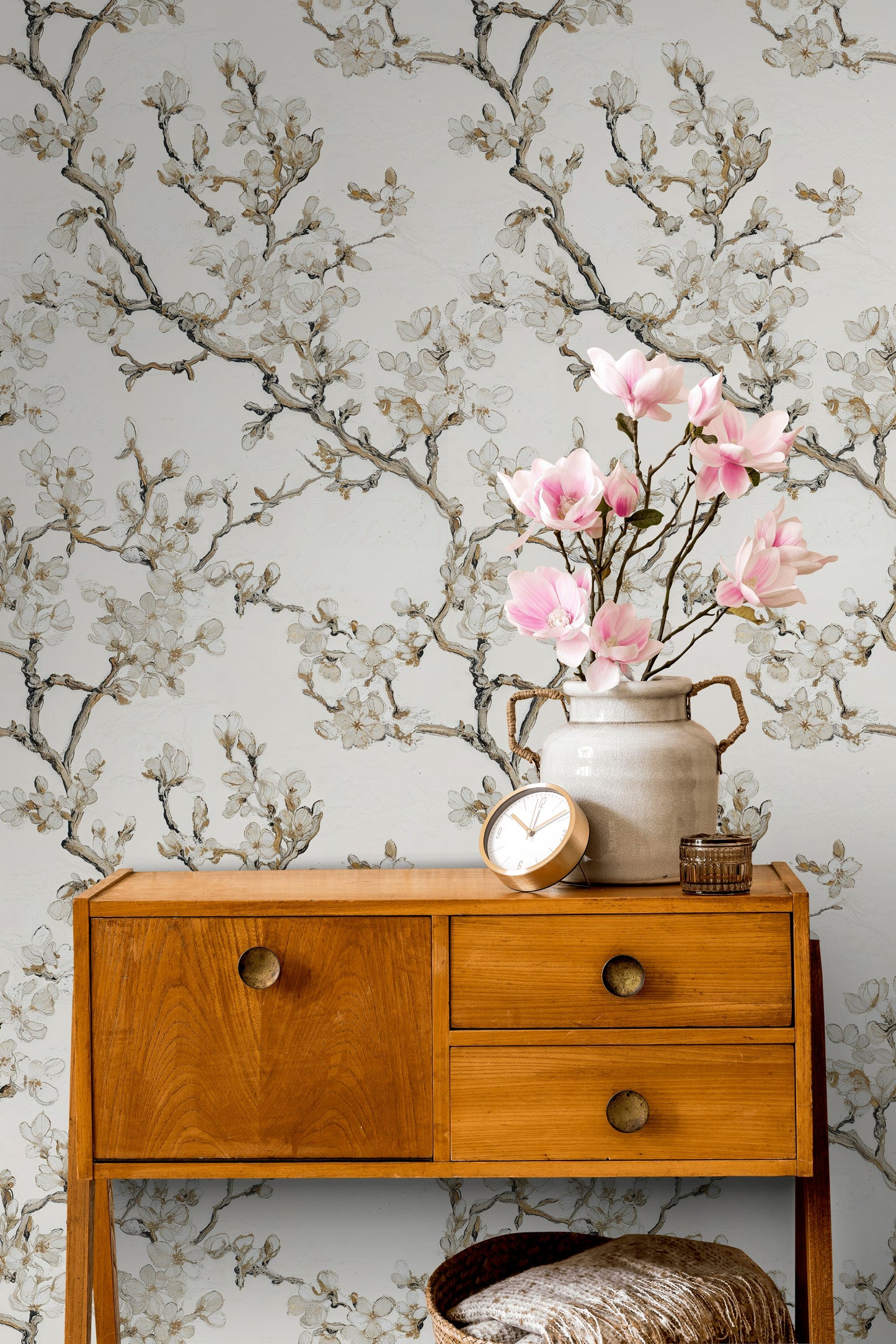 Hand-Painted White Blossom and Gold Branch Floral Wallpaper
