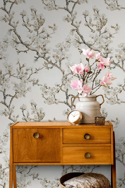 Hand-Painted White Blossom and Gold Branch Floral Wallpaper