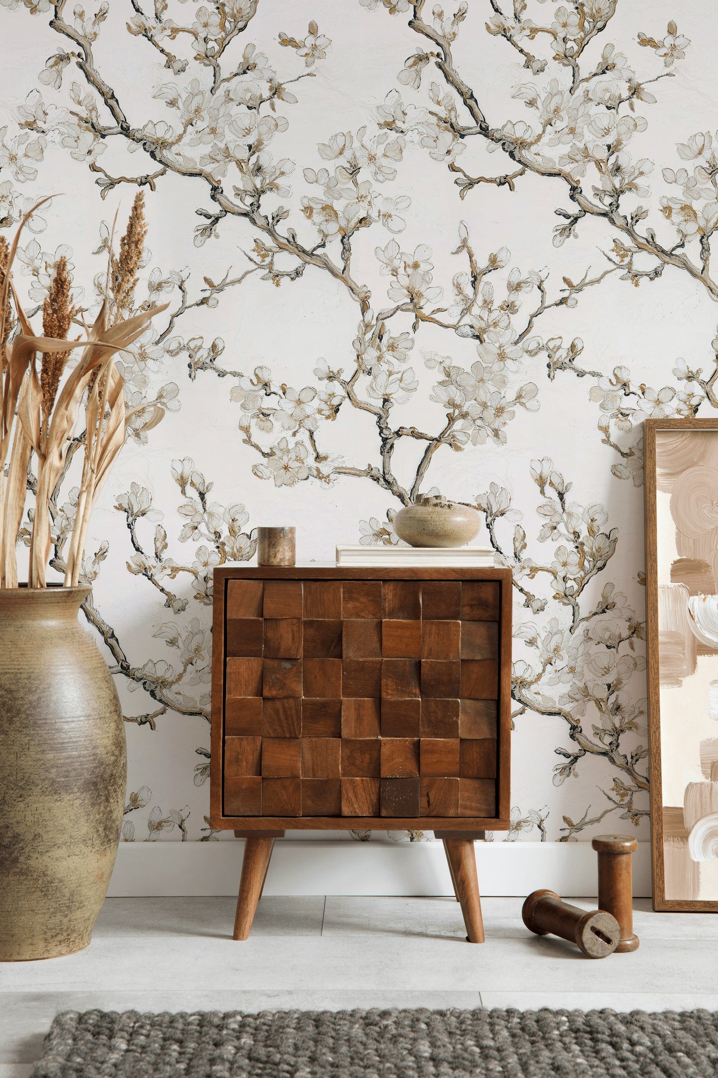 Hand-Painted White Blossom and Gold Branch Floral Wallpaper