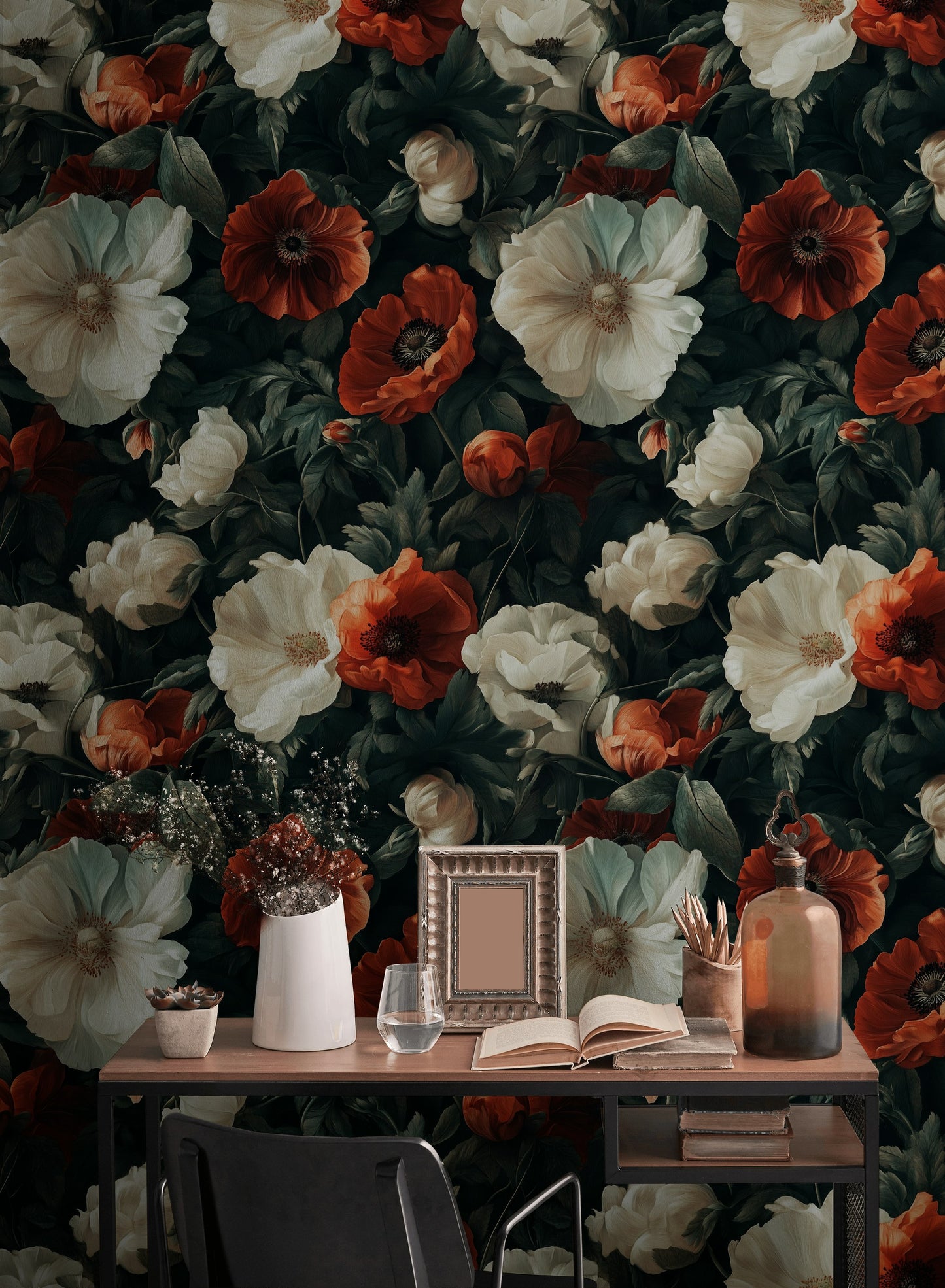 Dark Floral Wallpaper with Red and White Poppies