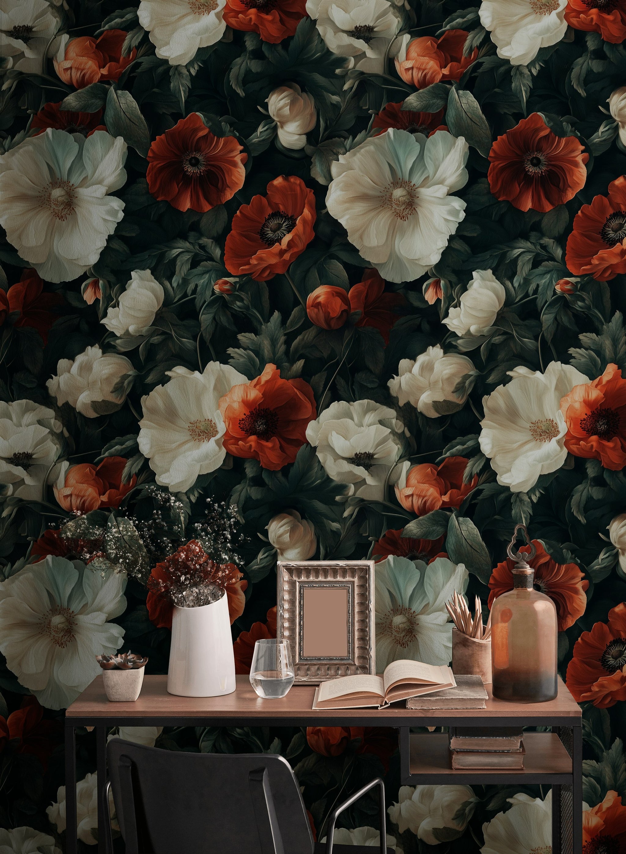 Dark Midnight Red and White Floral Wallpaper