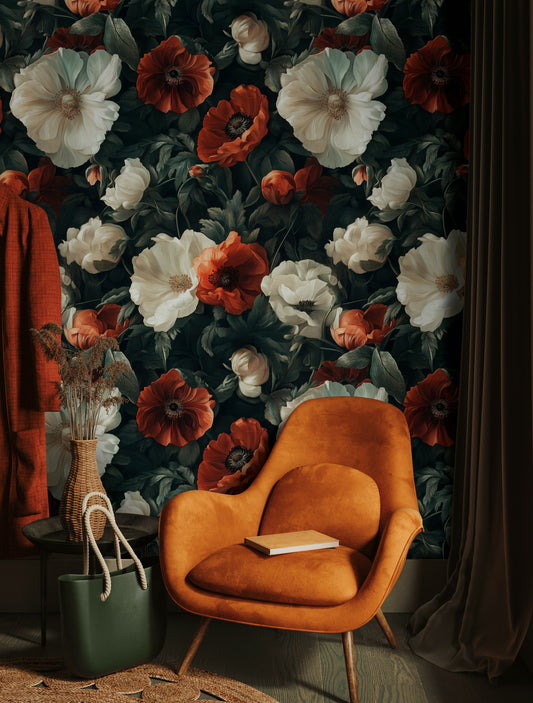 Dark Floral Wallpaper with Red and White Poppies