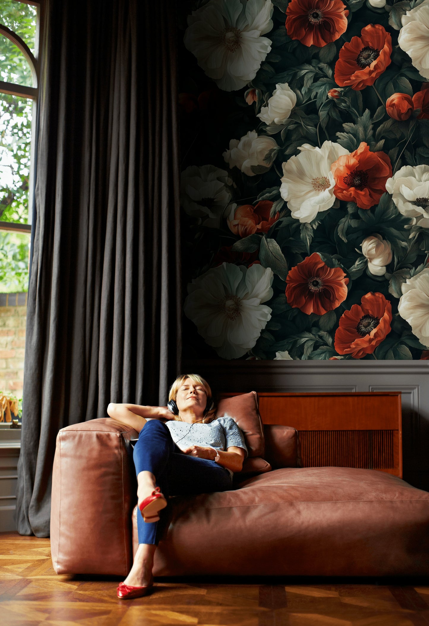 Dark Floral Wallpaper with Red and White Poppies