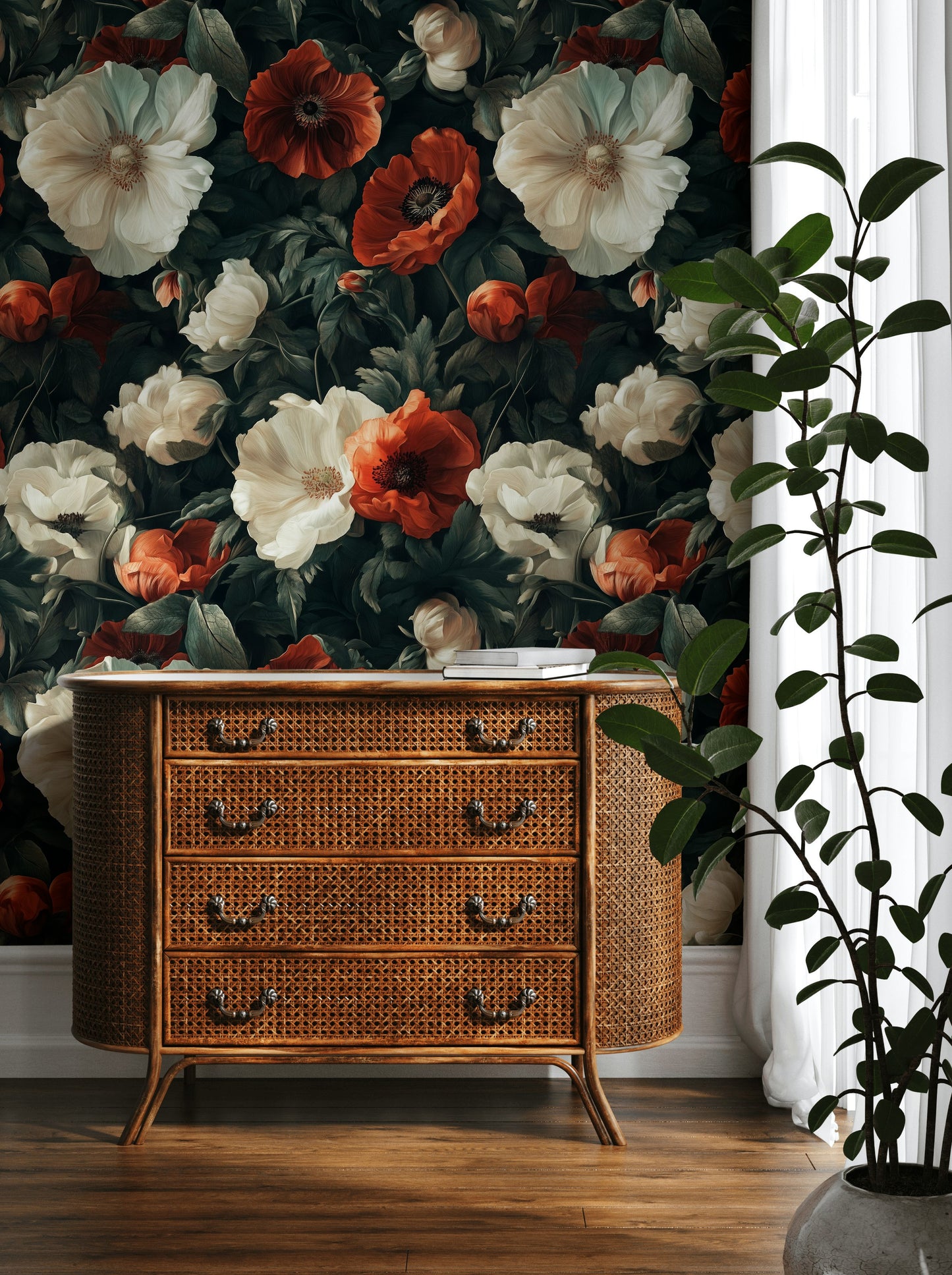 Dark Floral Wallpaper with Red and White Poppies