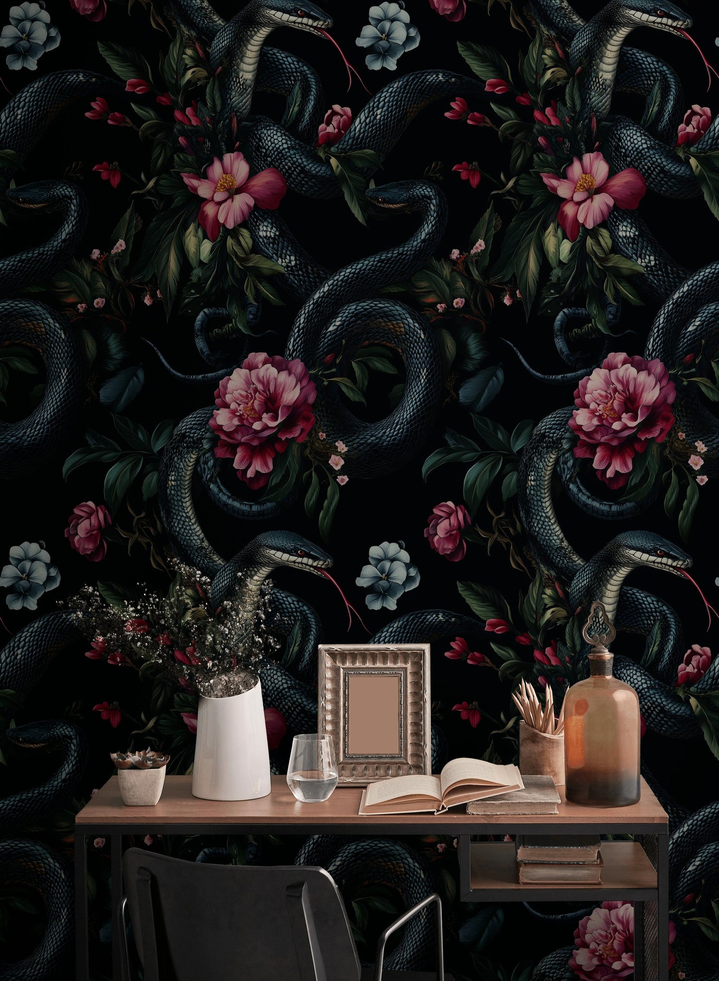 Black Snake and Pink Floral Wallpaper Dramatic Removable Art