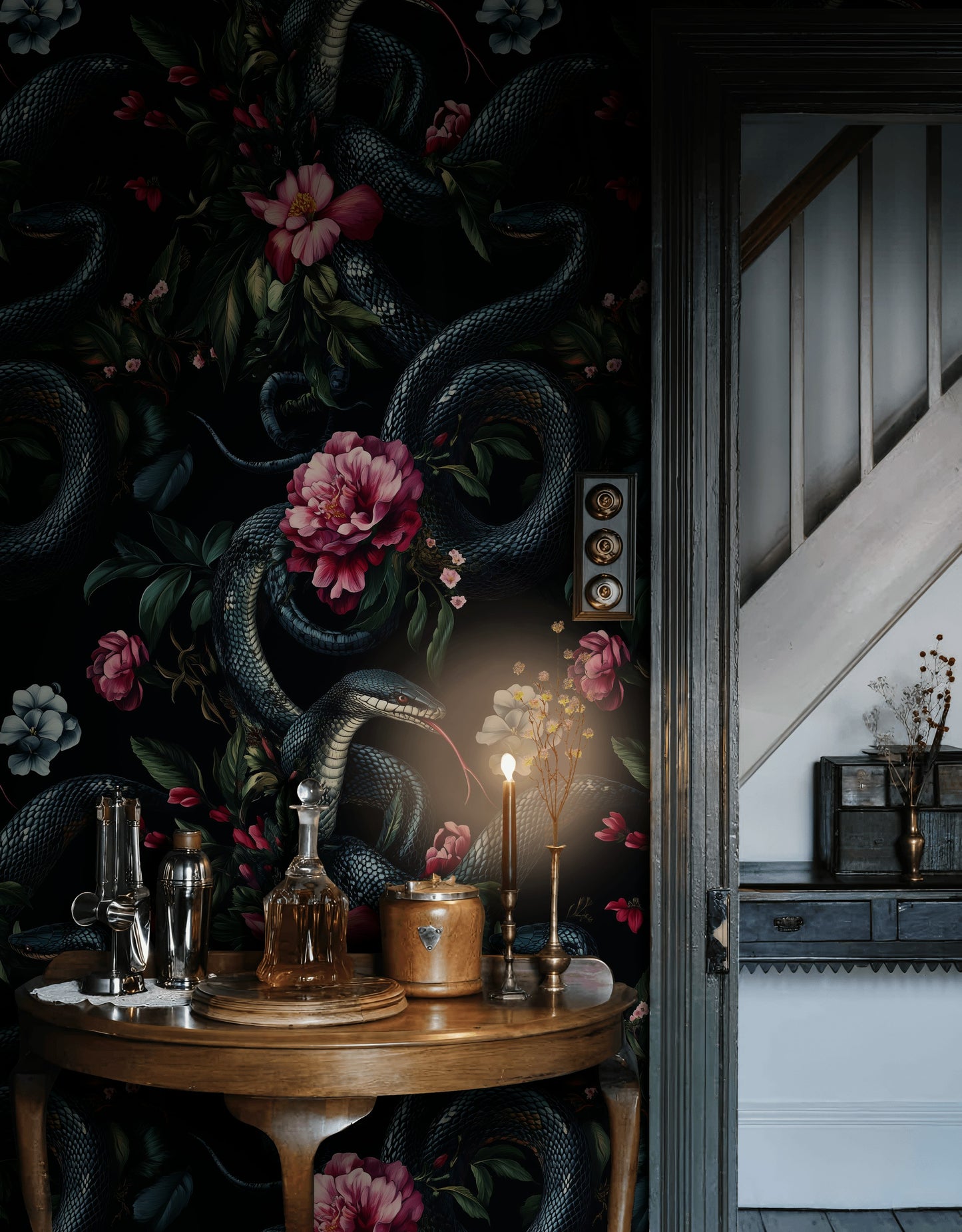 Black Snake and Pink Floral Wallpaper Dramatic Removable Art