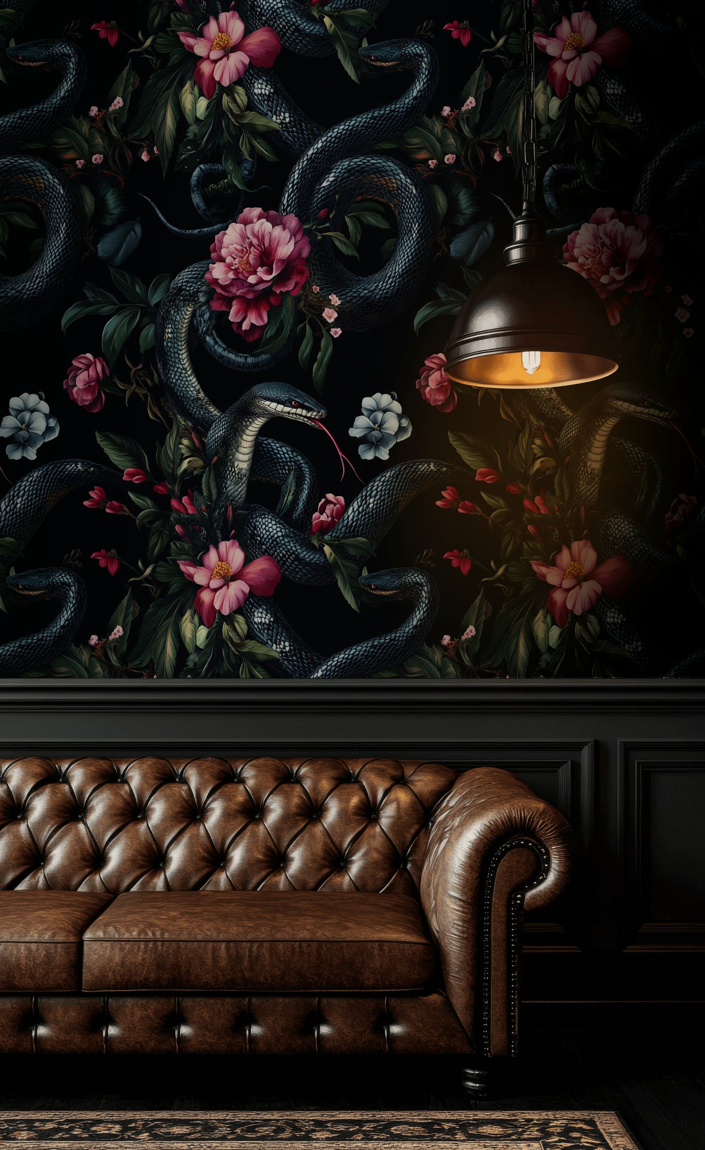 Black Snake and Pink Floral Wallpaper Dramatic Removable Art