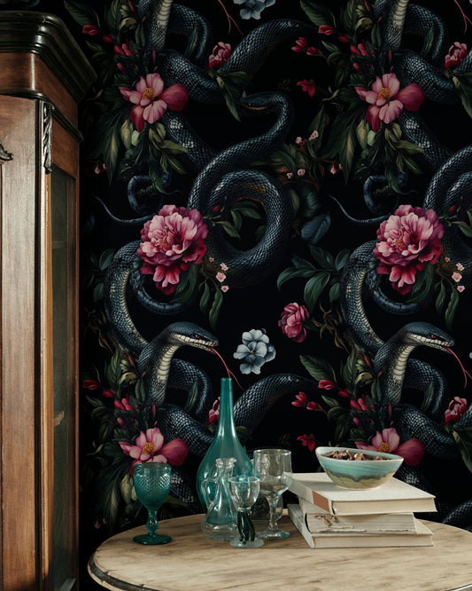 Black Snake and Pink Floral Wallpaper Dramatic Removable Art