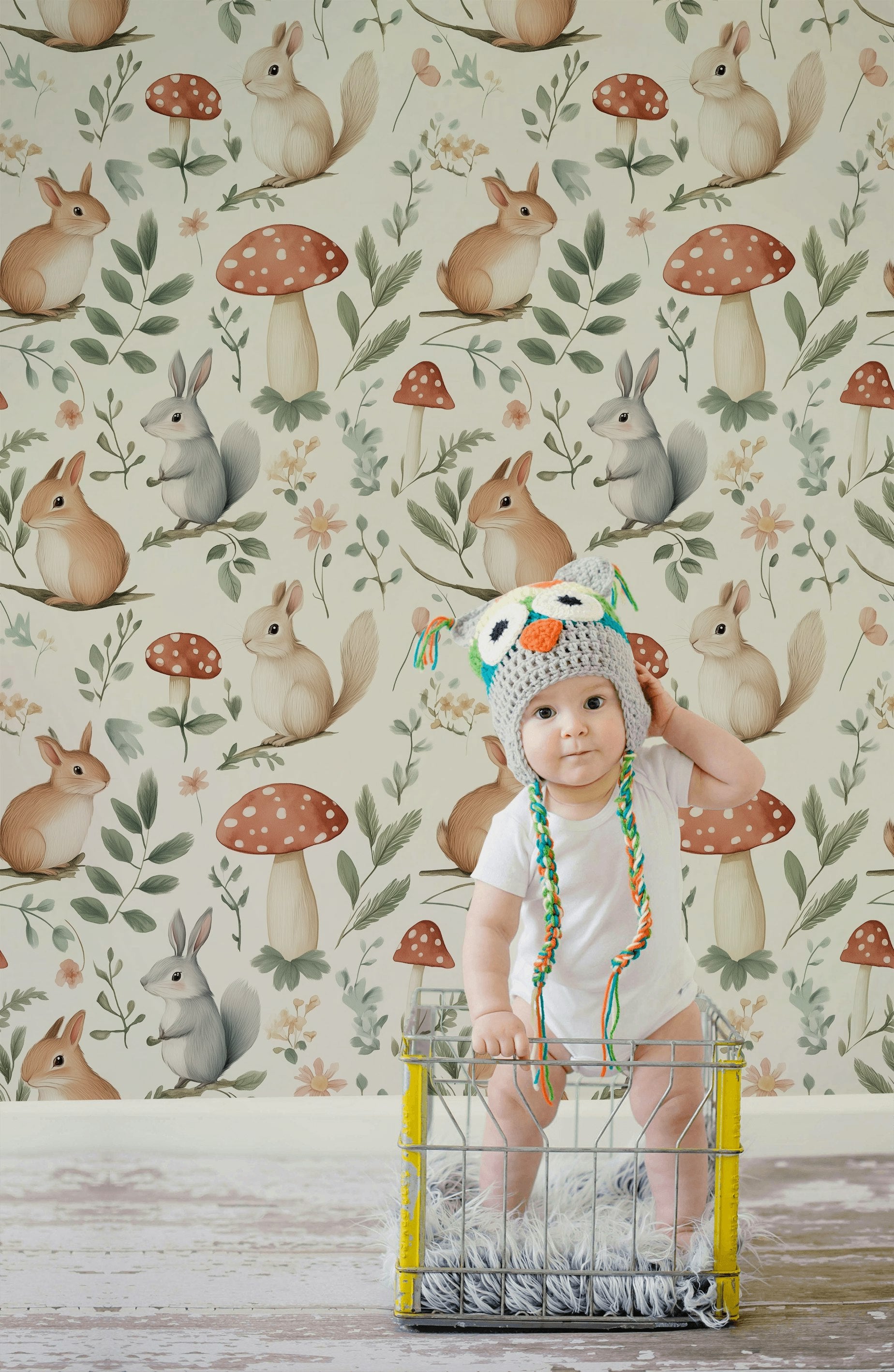 Cream Woodland Animal and Mushroom Kids Wallpaper
