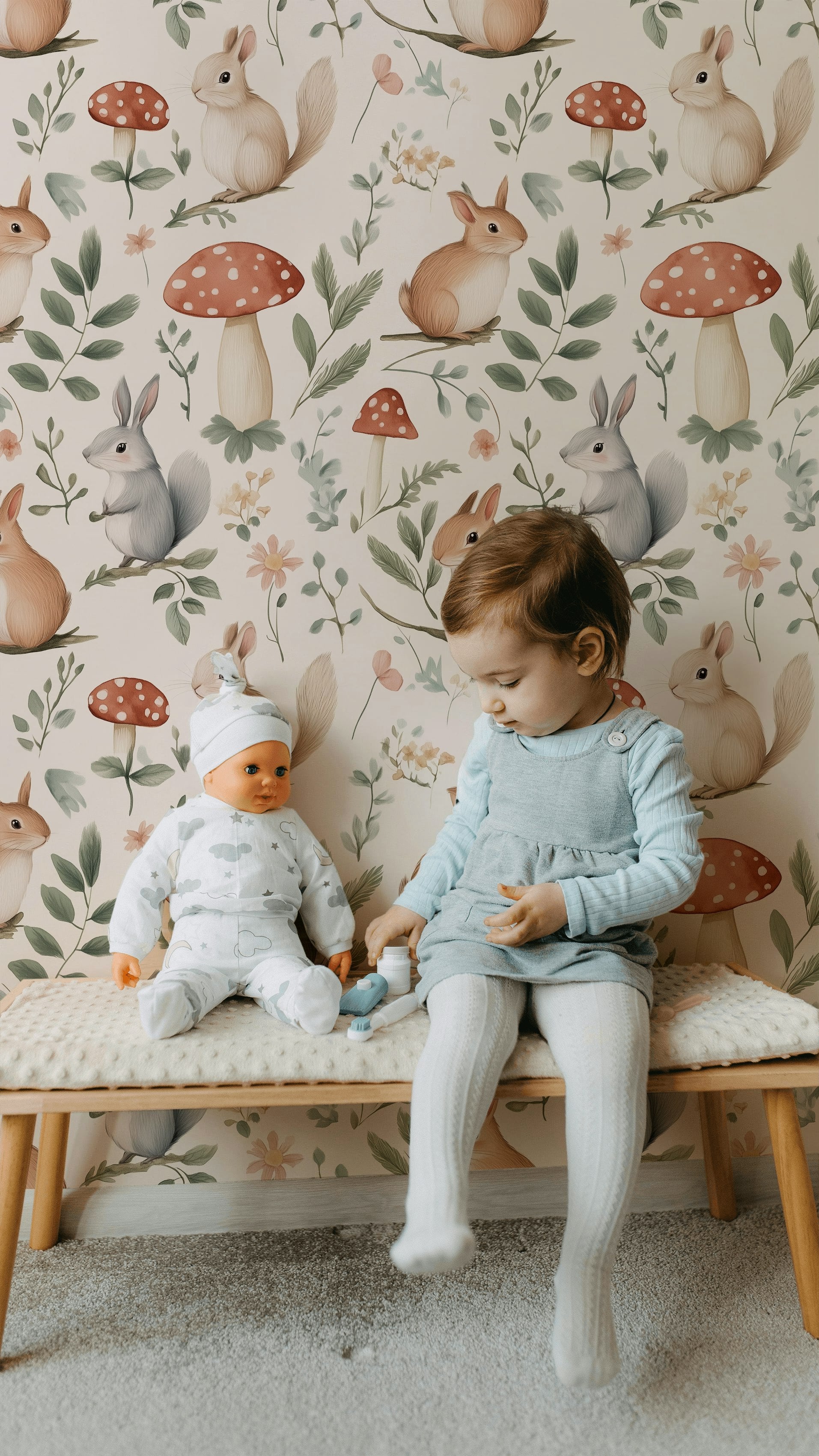 Cream Woodland Animal and Mushroom Kids Wallpaper