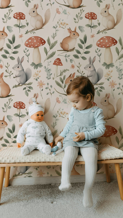 Cream Woodland Animal and Mushroom Kids Wallpaper