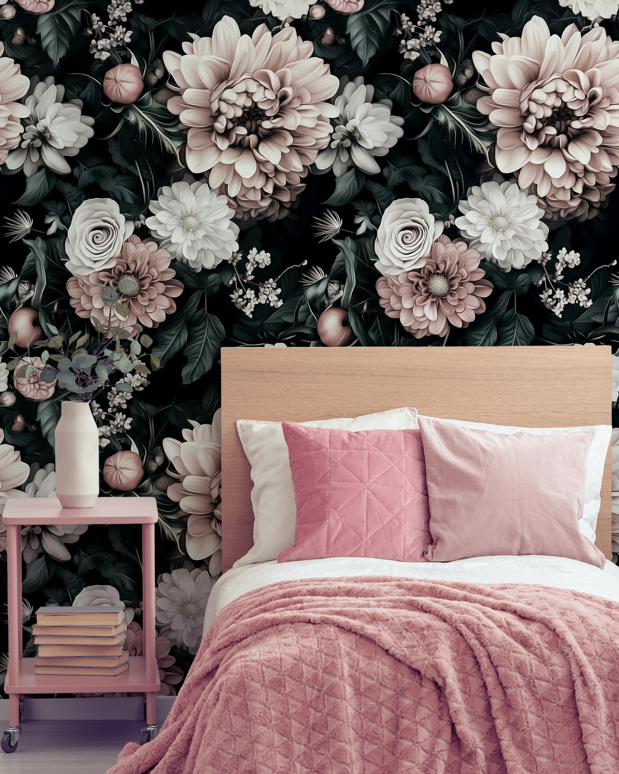 Dark Blush Pink Large Floral Wallpaper