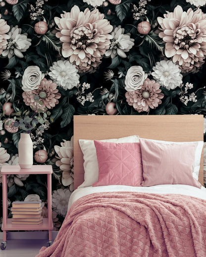 Dark Blush Pink Large Floral Wallpaper