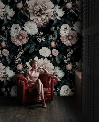 Dark Blush Pink Large Floral Wallpaper
