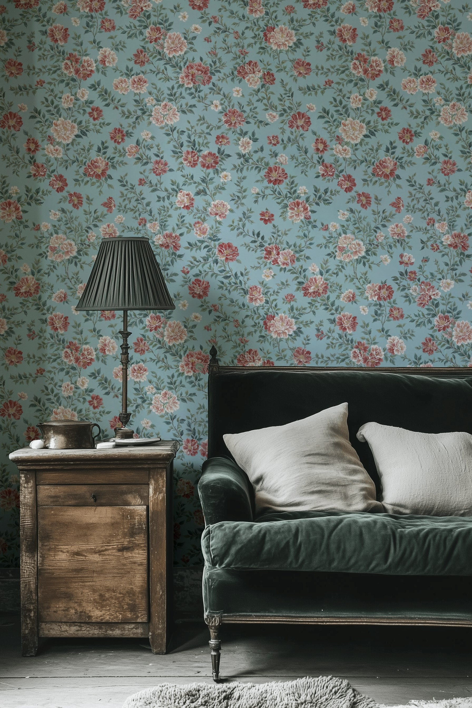 Soft Blue and Burgundy Rose Floral Wallpaper