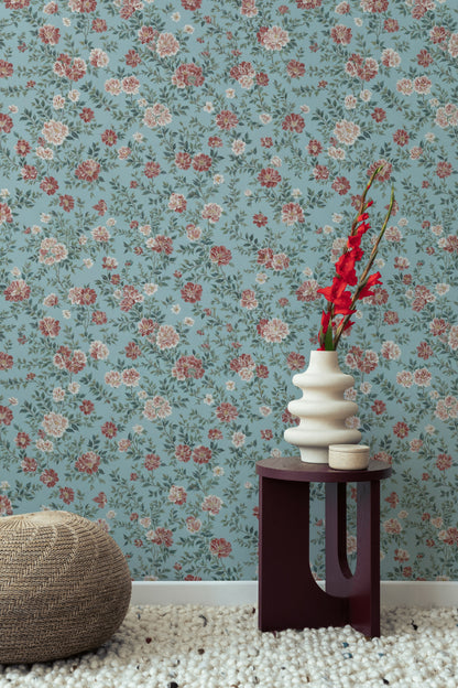 Soft Blue and Burgundy Rose Floral Wallpaper