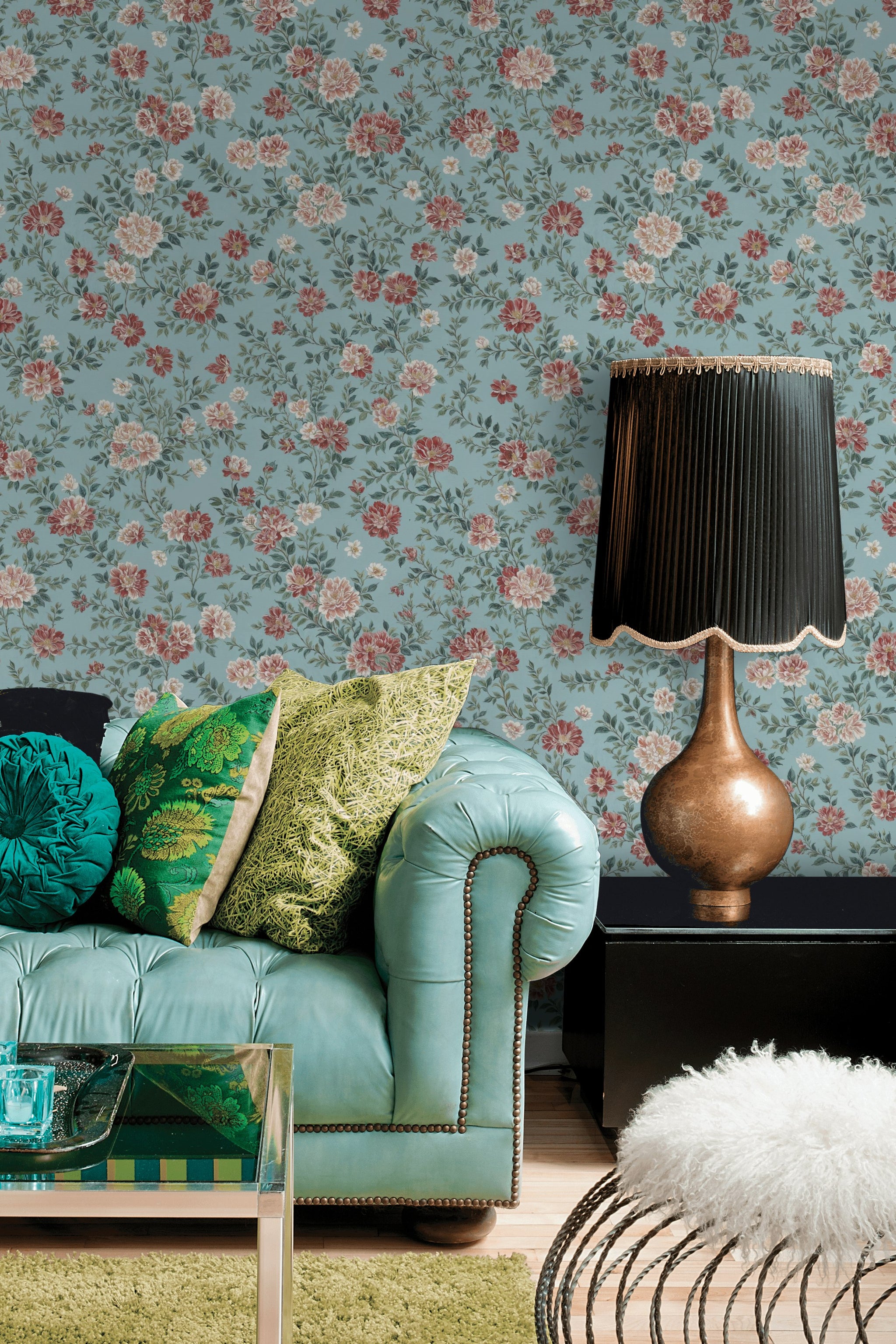 Soft Blue and Burgundy Rose Floral Wallpaper