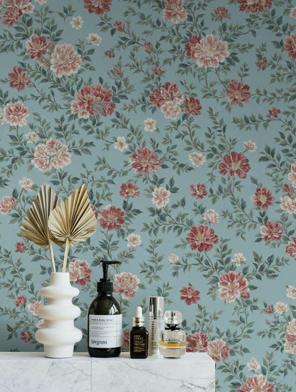 Soft Blue and Burgundy Rose Floral Wallpaper