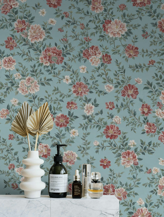 Serene Pastel Blue Wallpaper with Hand-Painted Pink Peonies