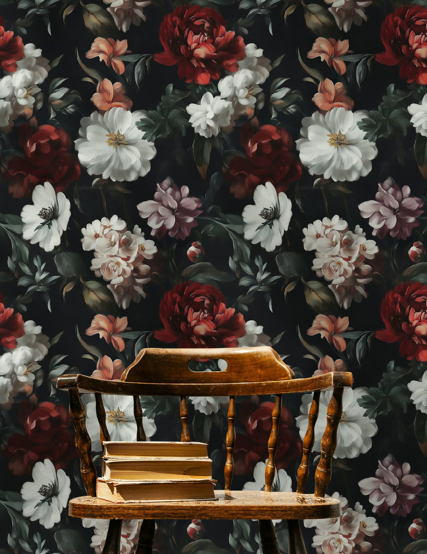Dark Floral Wallpaper Red and White Blooms Mural