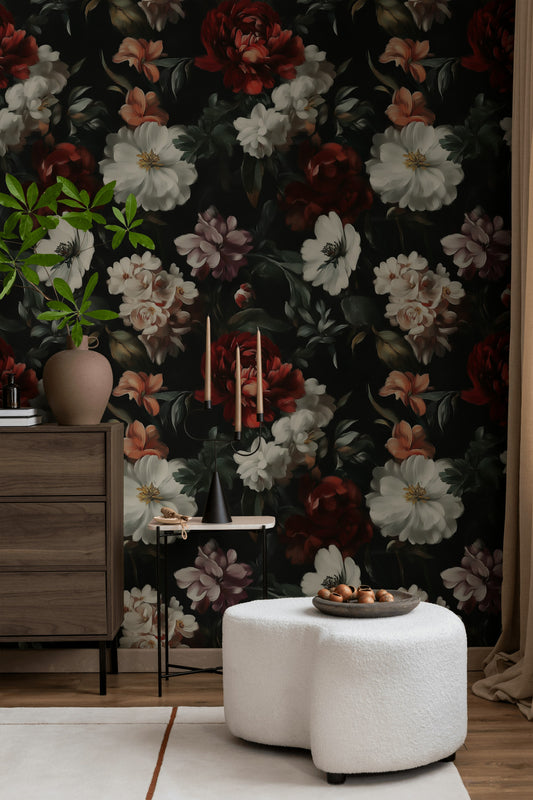 Dark Floral Wallpaper Red and White Blooms Mural